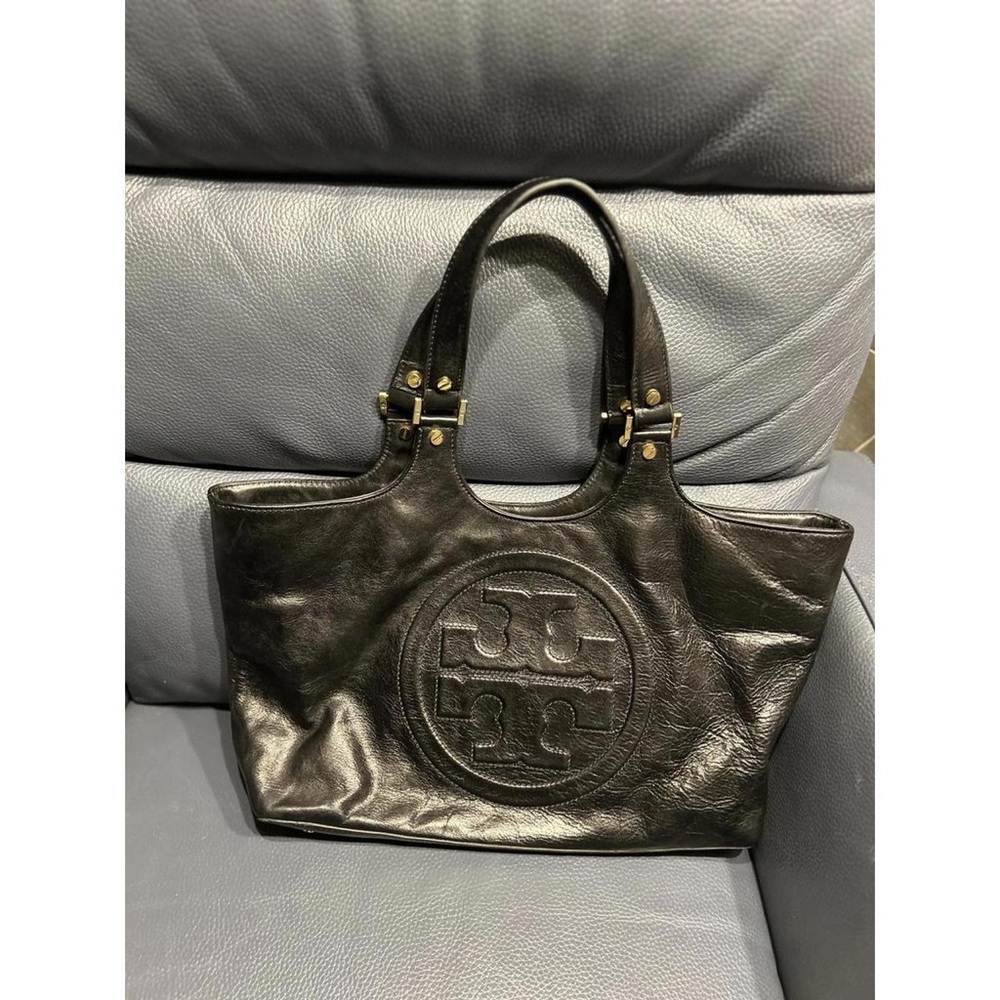 Tory Burch Black Leather Tote with Logo